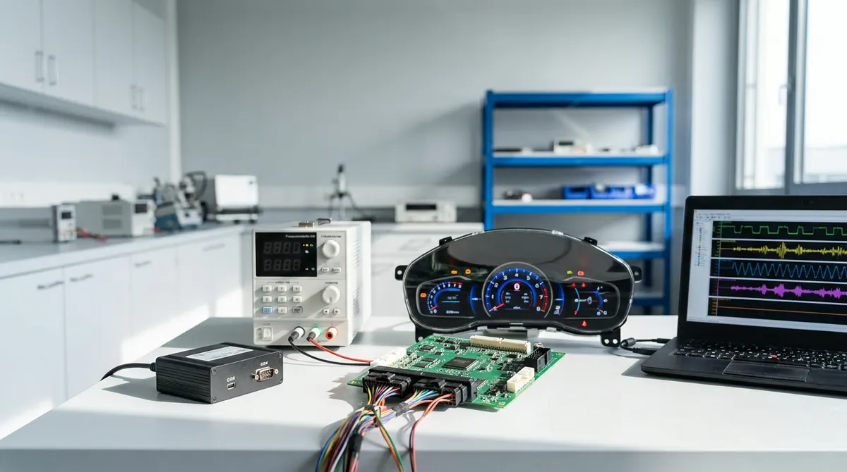 Illustration: an ECU test bench with power supply, ECU board, cluster and laptop