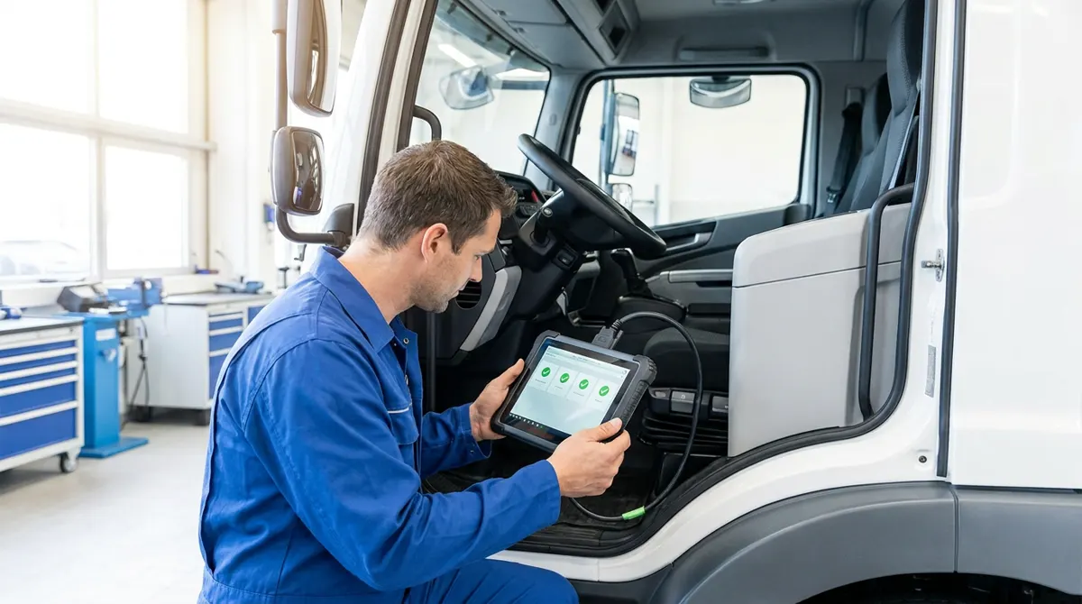 Illustration: a technician connecting a tablet tester to a truck